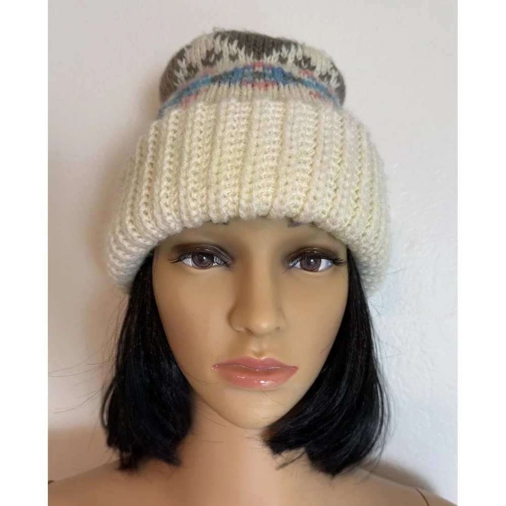 Womens 70s 80s Vintage Fair Isle Knit Beanie Hat Cream Brown Cuffed Heart Motif